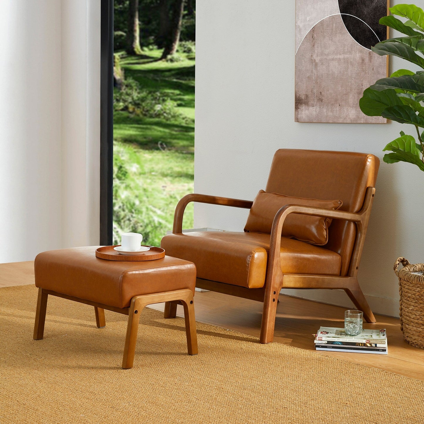 Glitzhome 30.75H Mid-Century Modern PU Leather Armchair Accent Chair with Pillow - 25.75W x 33.75D x 30.75H