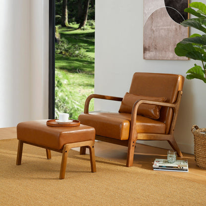 Glitzhome 30.75H Mid-Century Modern PU Leather Armchair Accent Chair with Pillow - 25.75W x 33.75D x 30.75H