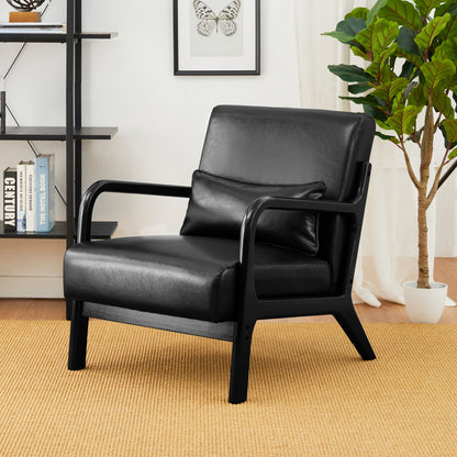 Glitzhome 30.75H Mid-Century Modern PU Leather Armchair Accent Chair with Pillow - 25.75W x 33.75D x 30.75H