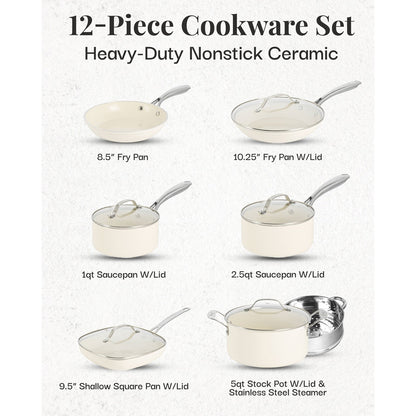 Gotham Steel Cream 12 Piece Pots and Pans Ultra Nonstick Ceramic Cookware Set with Stay Cool Handles