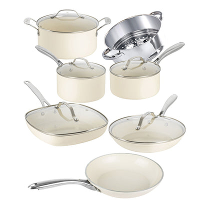 Gotham Steel Cream 12 Piece Pots and Pans Ultra Nonstick Ceramic Cookware Set with Stay Cool Handles