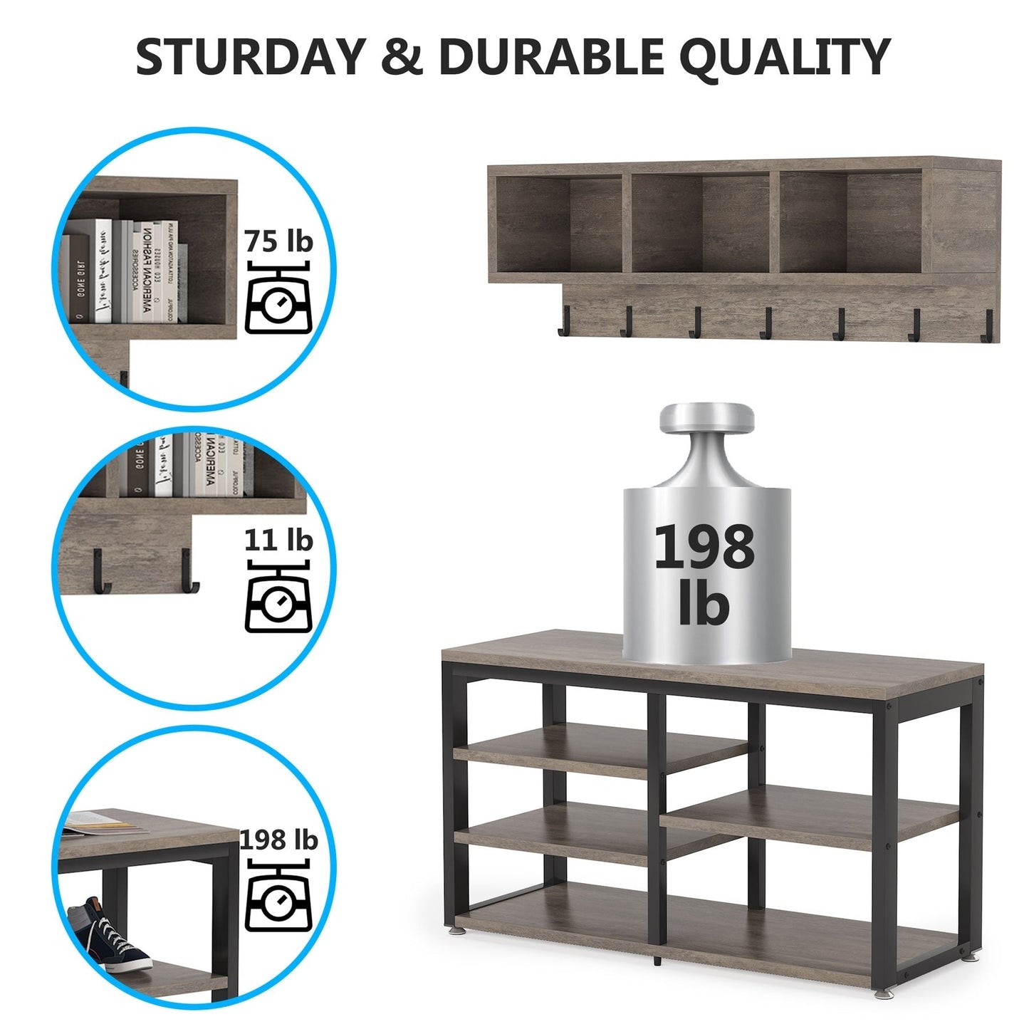 Entryway Coat Rack Shoe Bench Set, Industrial Hall Tree Coat Shoe Rack