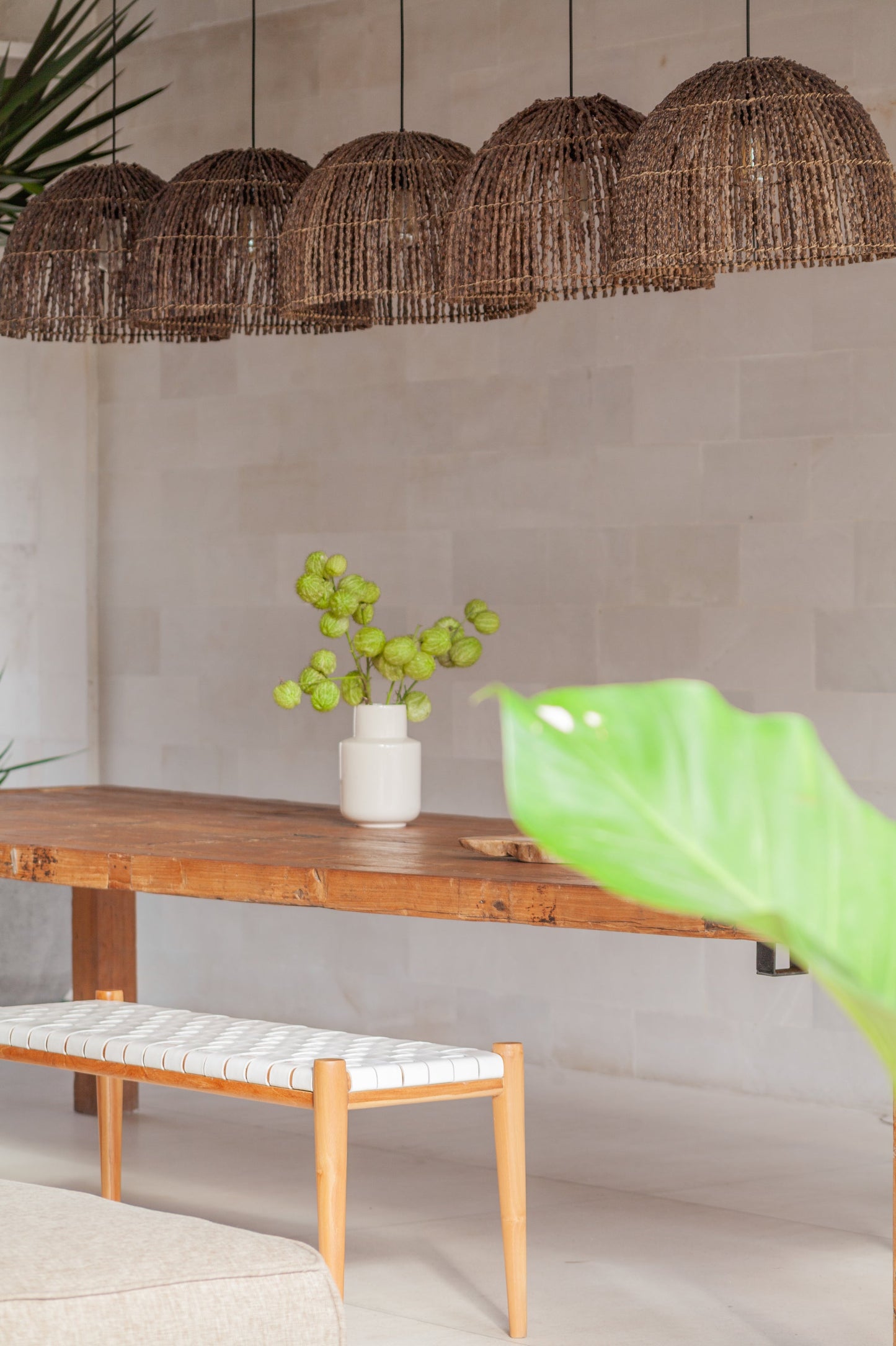 Kila Teak and Woven Leather Bench