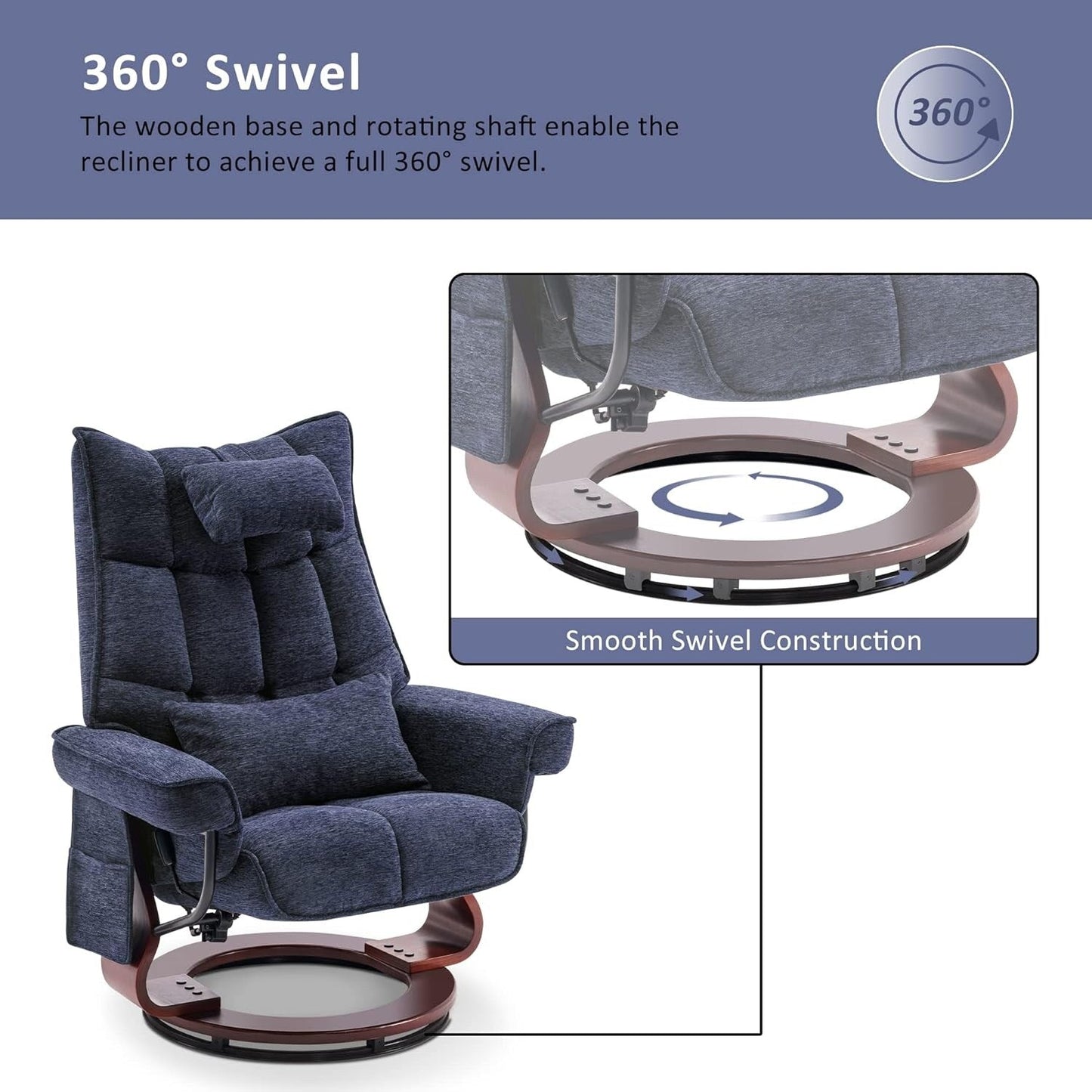 MCombo Set of 2 Swivel Recliner with Ottoman and Neck Pillow,Chenille Fabric