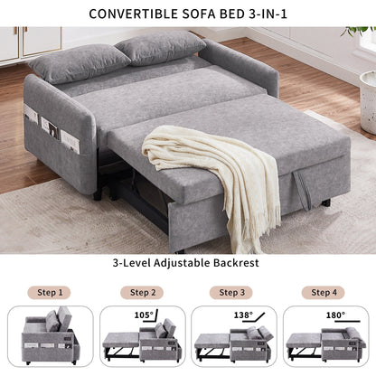 Modern 2 Seat Couch, Microfiber Pull Out Sleep Sofa Bed wih Adjsutable Backrest, Storage Pockets, 2 Soft Pillows, USB Ports