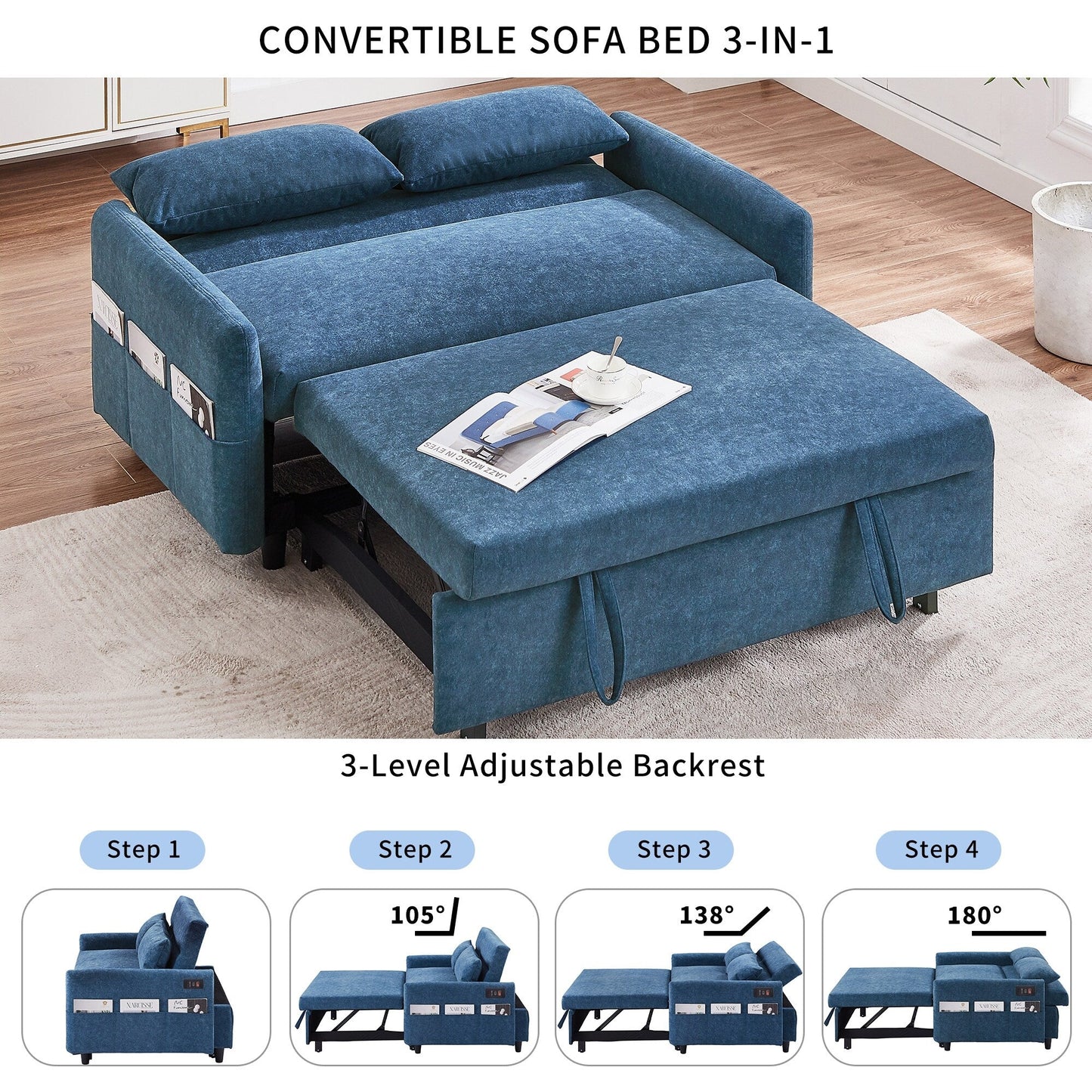 Modern 2 Seat Couch, Microfiber Pull Out Sleep Sofa Bed wih Adjsutable Backrest, Storage Pockets, 2 Soft Pillows, USB Ports