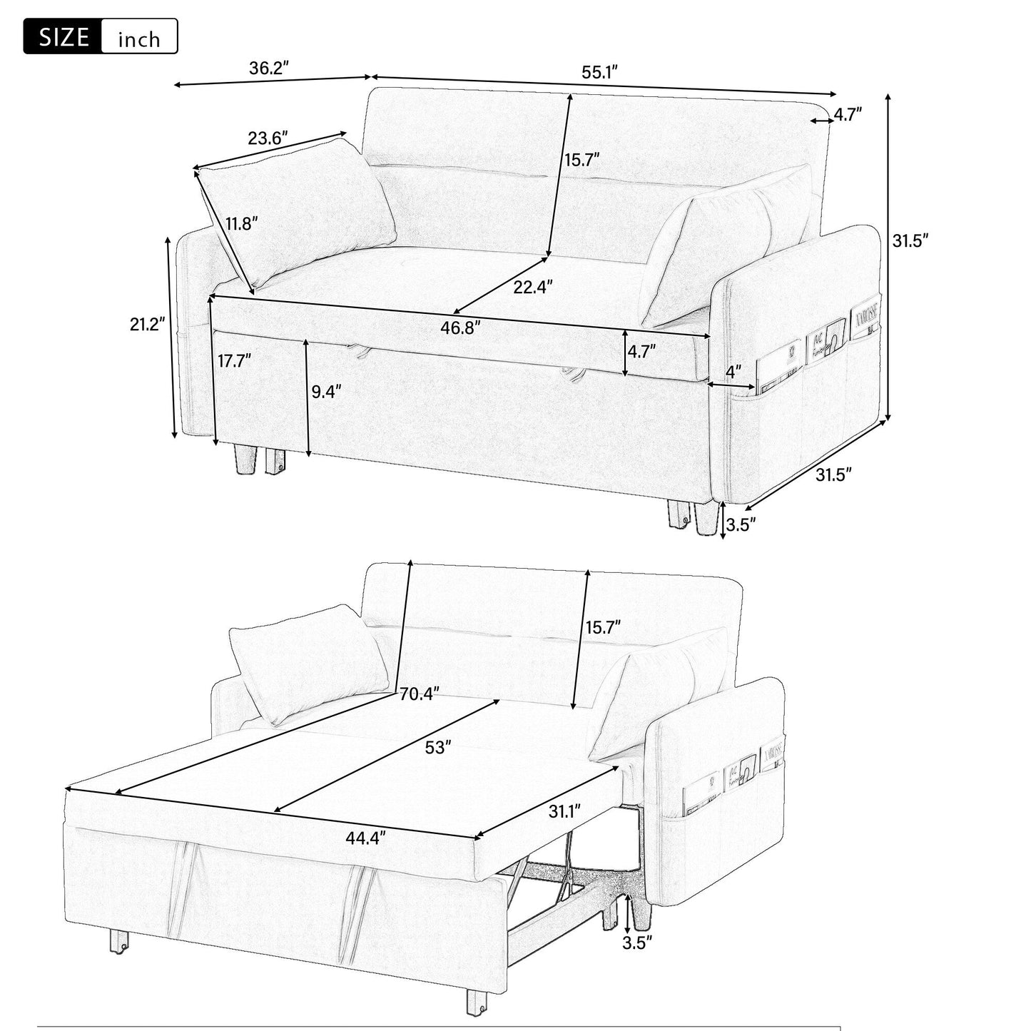 Modern 2 Seat Couch, Microfiber Pull Out Sleep Sofa Bed wih Adjsutable Backrest, Storage Pockets, 2 Soft Pillows, USB Ports