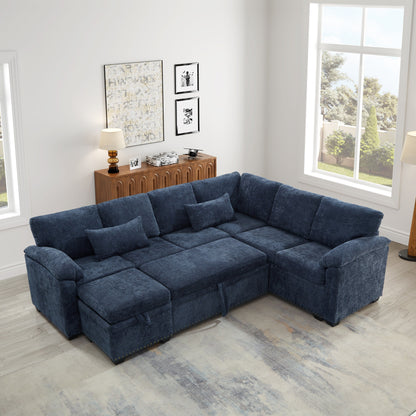 Modern L-Shaped Chenille Sectional Sofa with Pull-Out Sleeper, Storage Seats, Ottoman and 2 Pillows for Living Room