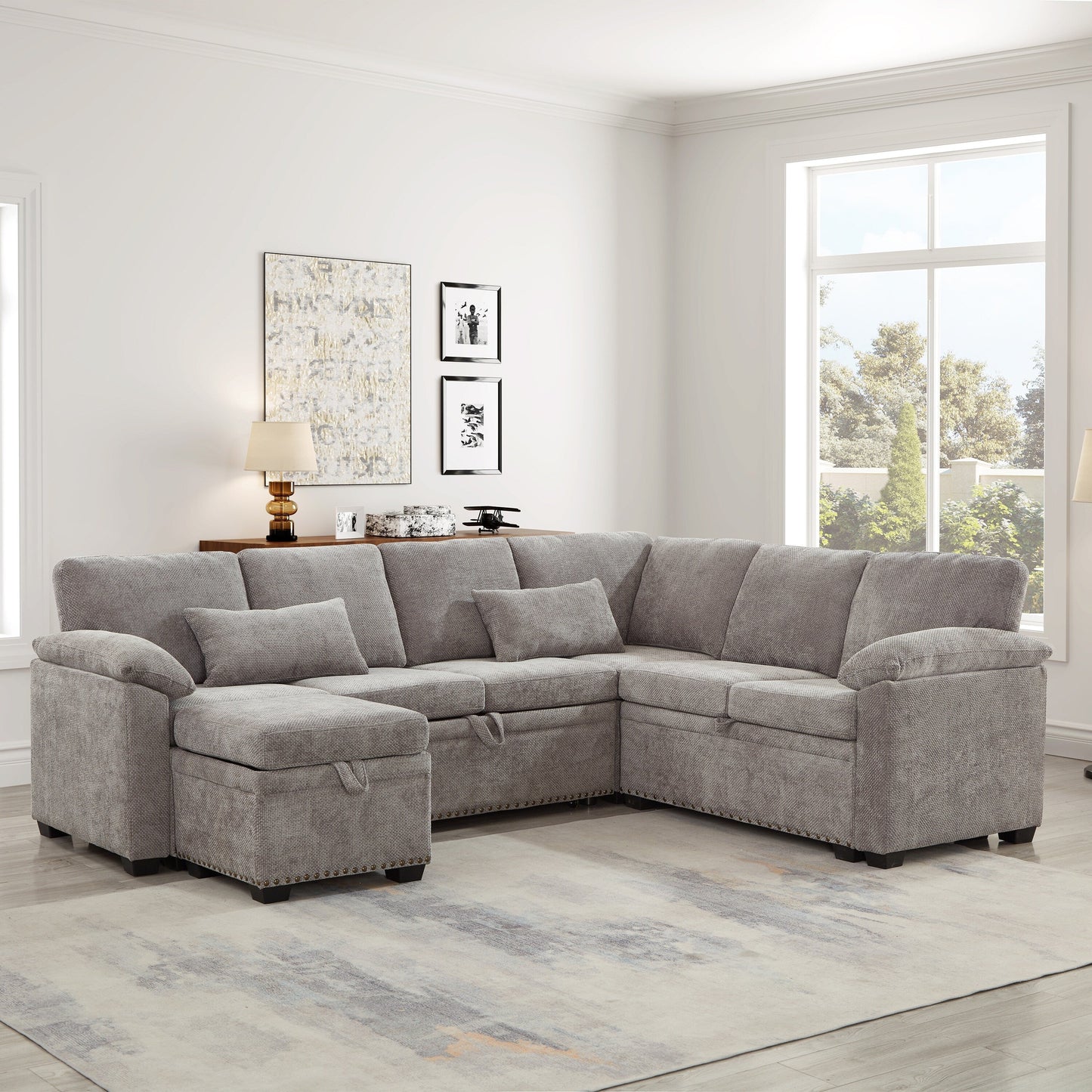 Modern L-Shaped Chenille Sectional Sofa with Pull-Out Sleeper, Storage Seats, Ottoman and 2 Pillows for Living Room