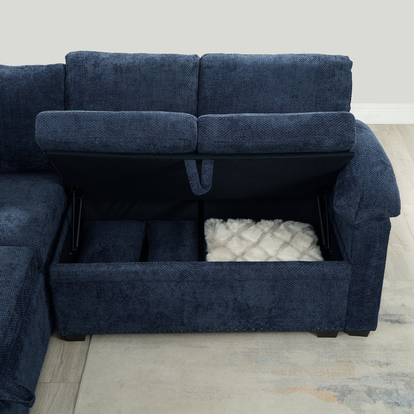Modern L-Shaped Chenille Sectional Sofa with Pull-Out Sleeper, Storage Seats, Ottoman and 2 Pillows for Living Room