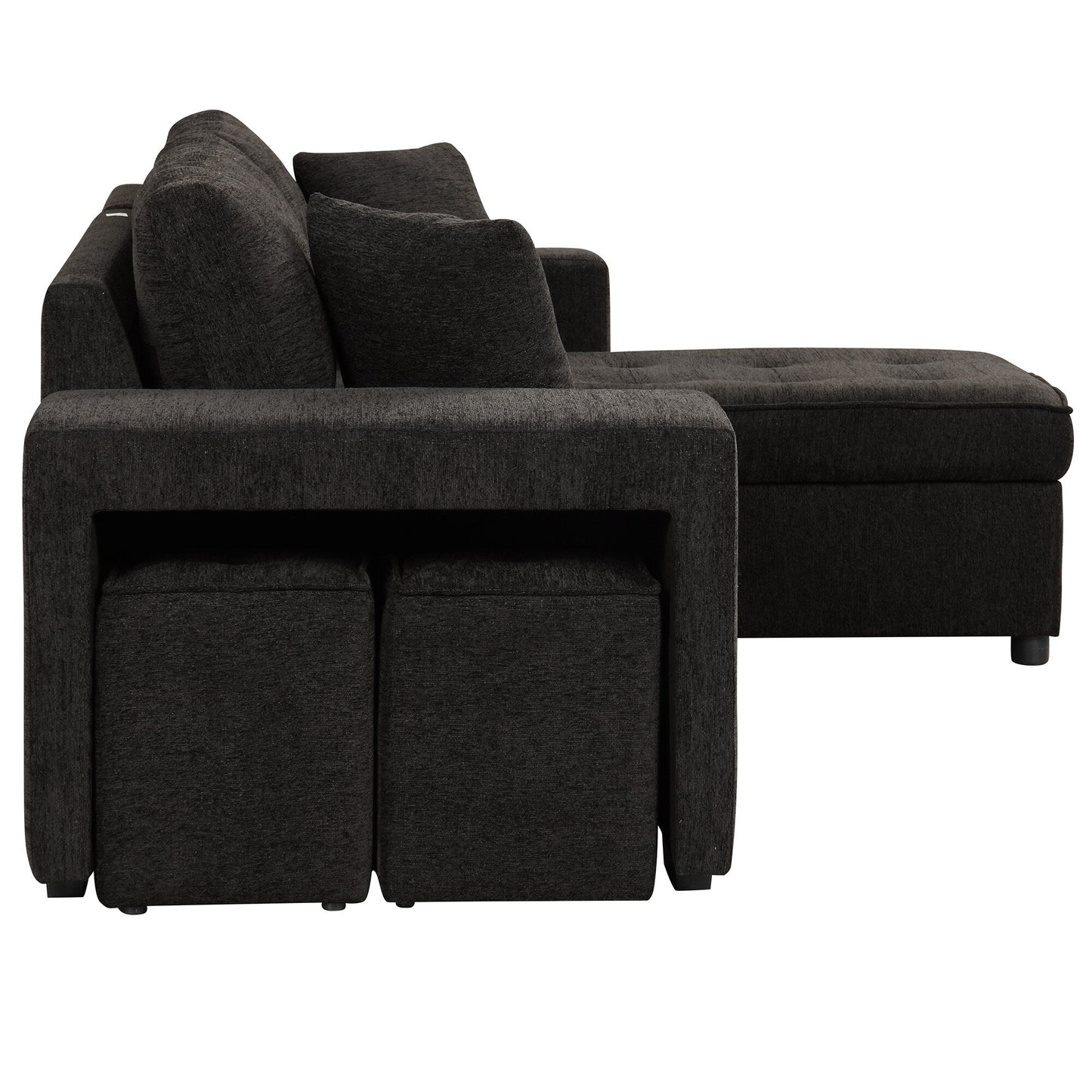 Modern L-Shaped Pull-Out Sectional Sofa Bed with Reversible Chaise, Storage and 2 Stools for Living Room Apartment