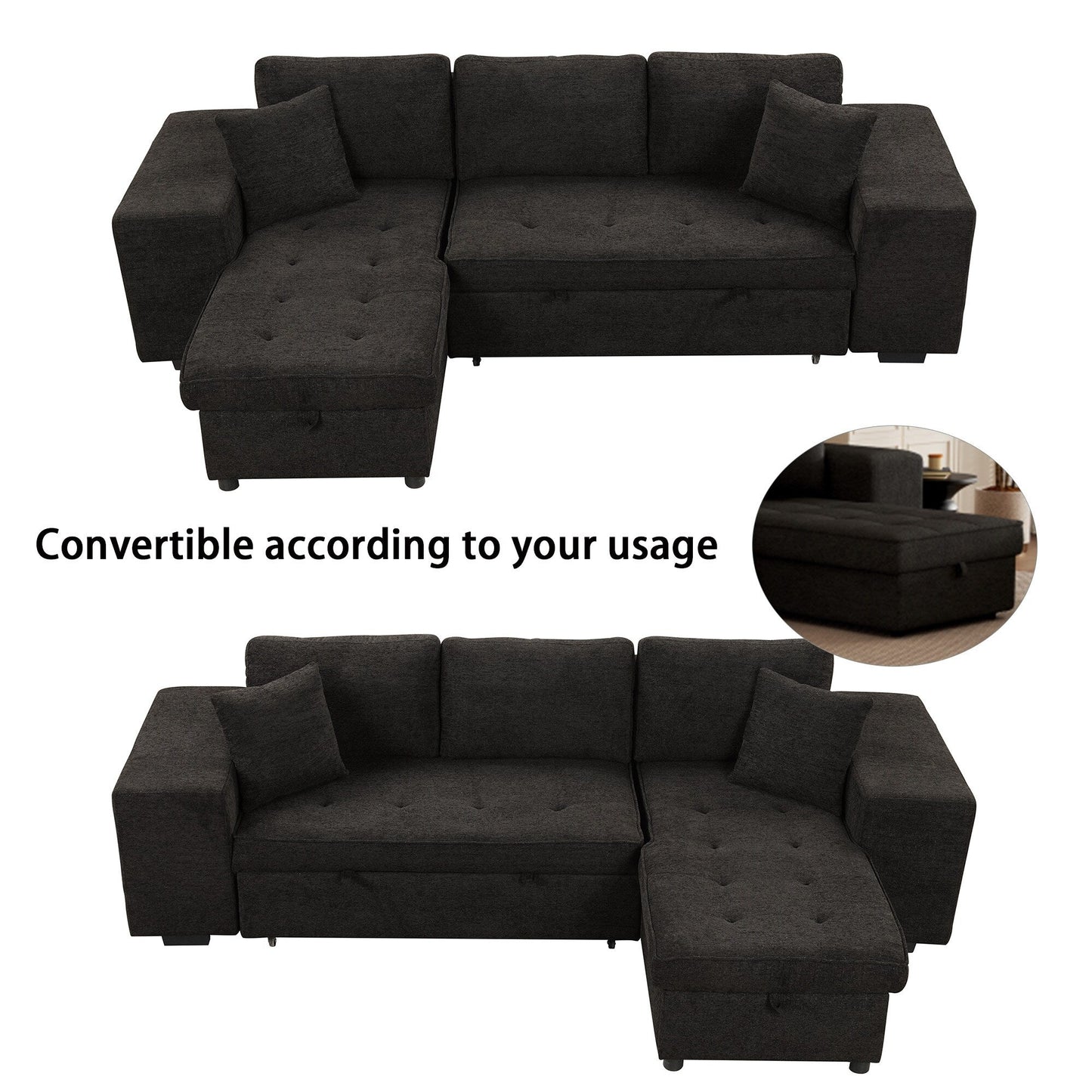 Modern L-Shaped Pull-Out Sectional Sofa Bed with Reversible Chaise, Storage and 2 Stools for Living Room Apartment