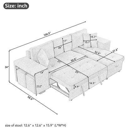 Modern L-Shaped Pull-Out Sectional Sofa Bed with Reversible Chaise, Storage and 2 Stools for Living Room Apartment