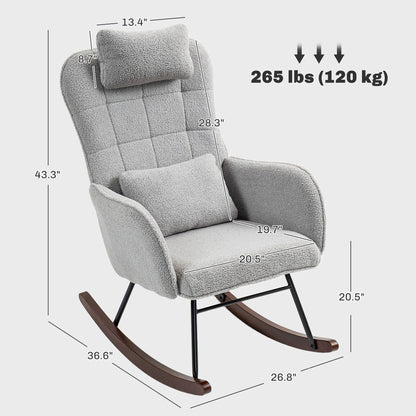Modern Upholstered Rocking Nursery Glider Chair with High Backrest, Headrest and Lumbar Pillow for Living Room or Bedroom