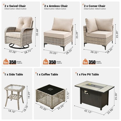 OVIOS 9 Pieces Outdoor Wicker Swivel Chair Set With Fire Table