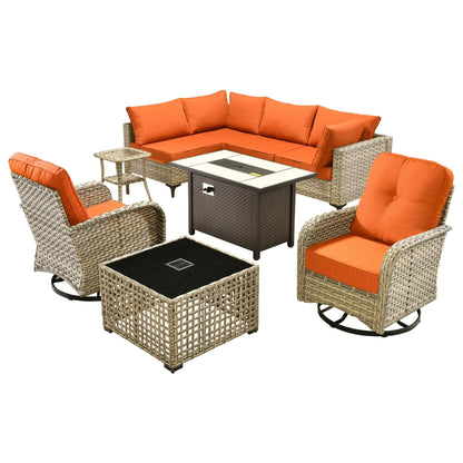 OVIOS 9 Pieces Outdoor Wicker Swivel Chair Set With Fire Table