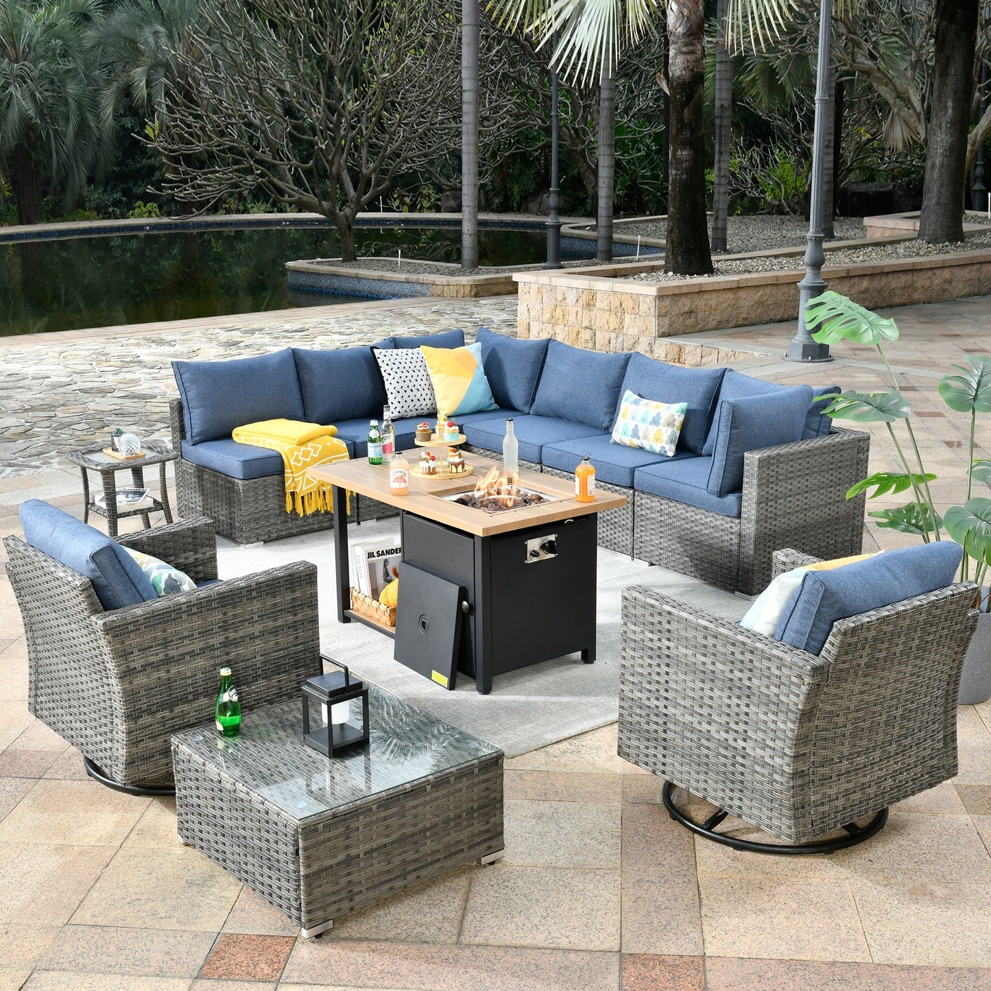 OVIOS Deep Seat Wicker 11-piece Sectional Set Swivel Chairs Fire Pit