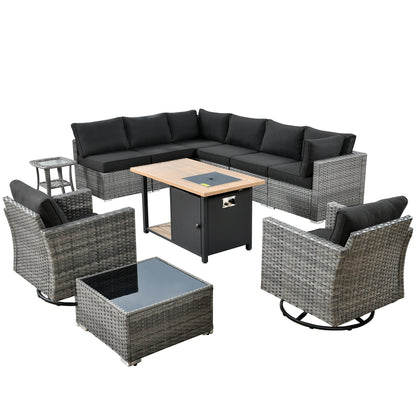 OVIOS Deep Seat Wicker 11-piece Sectional Set Swivel Chairs Fire Pit