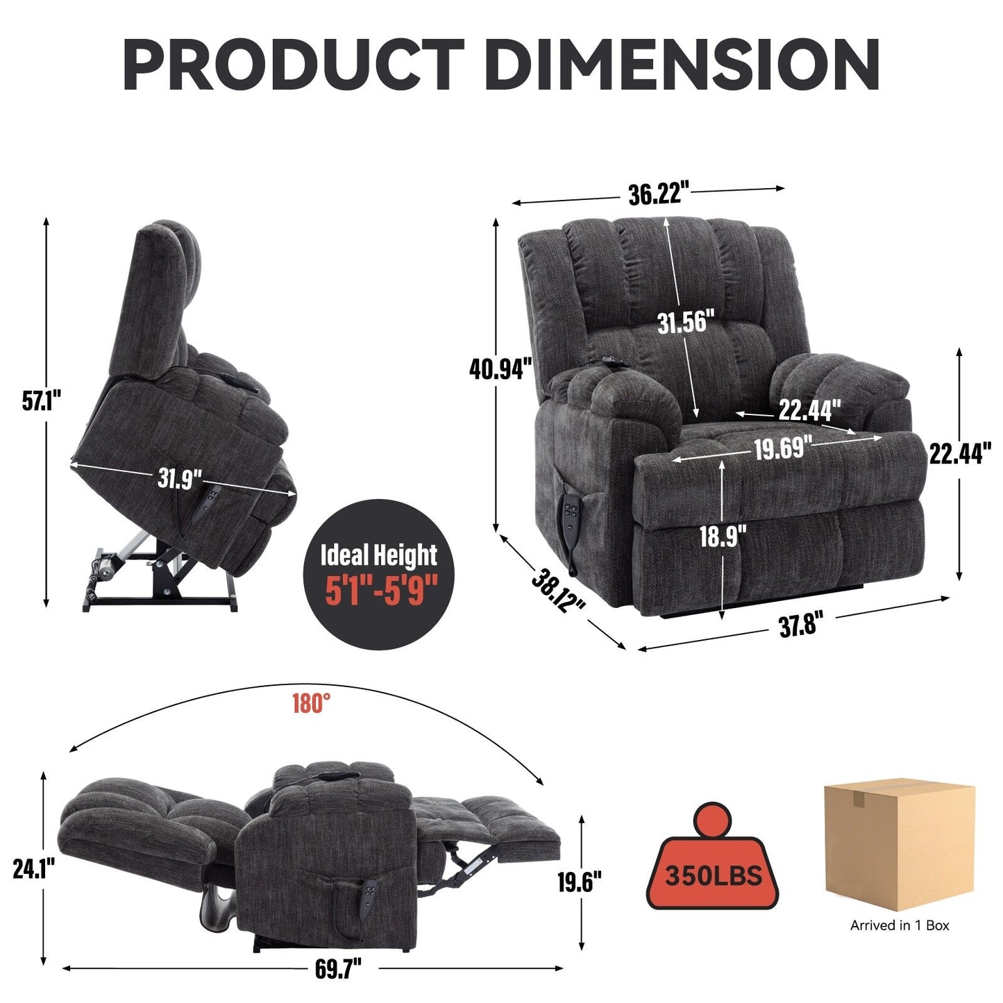 Oversized Chenille Power Lift Recliner Chair with Massage and Lumbar Heating, Infinite Position Reclining