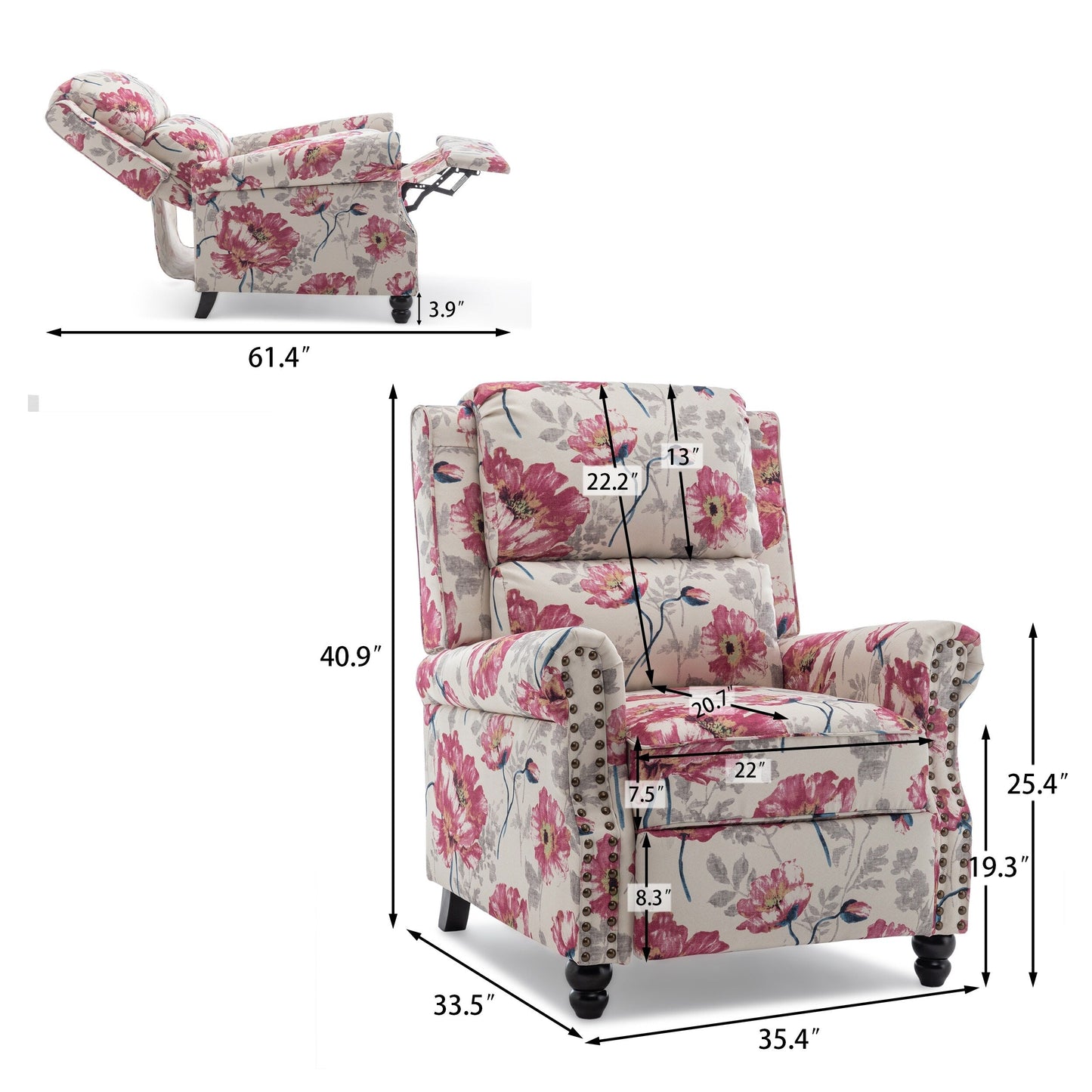 Manual Pushback Recliner Chairs with Nailhead Trim