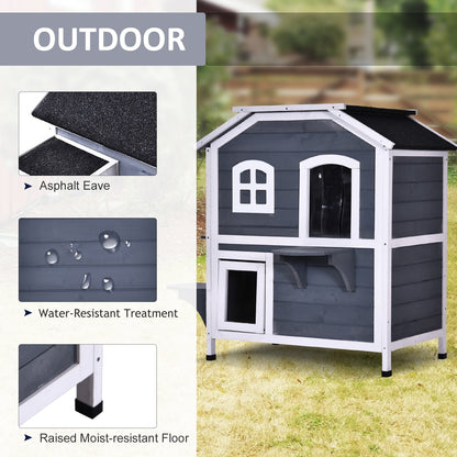 PawHut Fir Wood 2-Story Outdoor Cat House, Wooden Feral Cat Shelter with Openable Asphalt Roof for Indoor/Outdoor, White / Grey