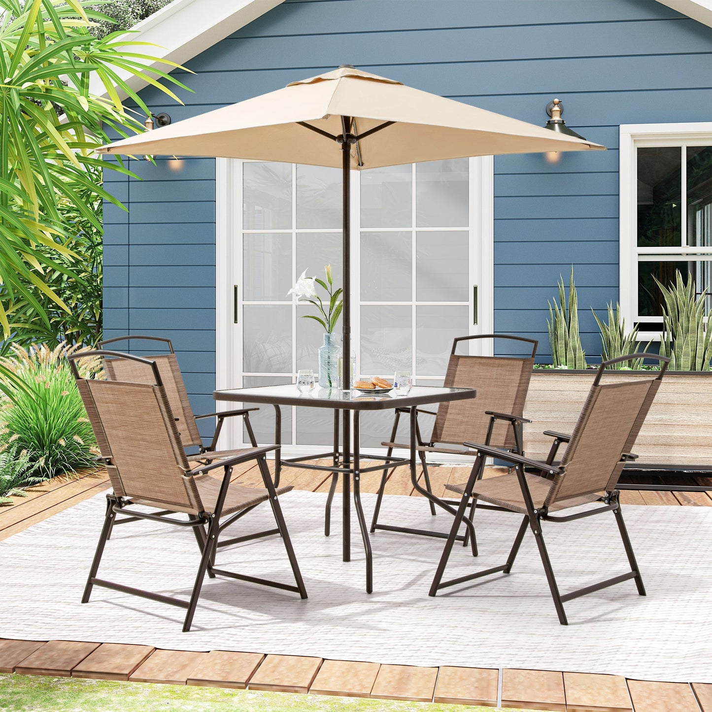 Pellebant 6 Piece Patio Set with Table, Umbrella and 4 Folding Chairs - 22.4Wx26.8Dx34.4H