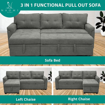 Reversible Sectional Sofa with Pull-Out Sleeper Bed, Hidden Storage Chaise, Durable Legs,