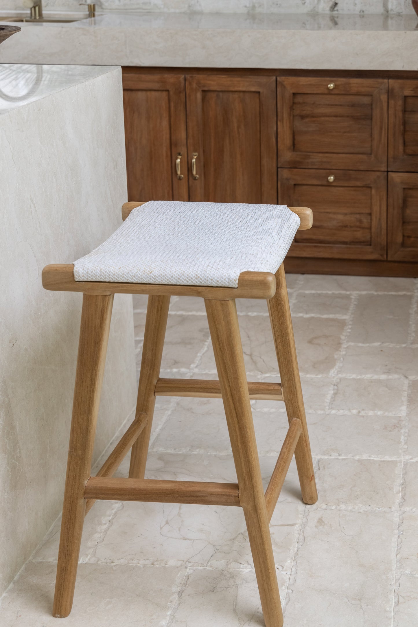 Mia Tight Woven Rattan and Teak Backless Counter Stool