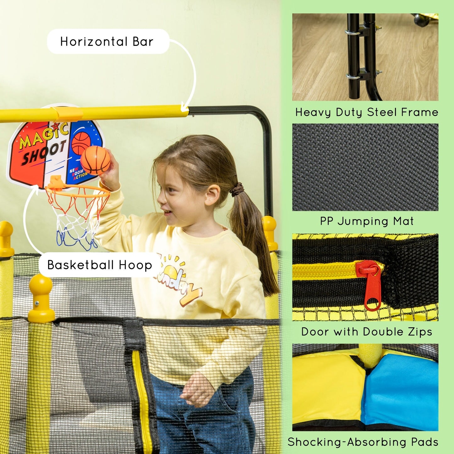 Qaba 4.6' Kids Trampoline with Basketball Hoop, Horizontal Bar, 55 Indoor Trampoline with Net