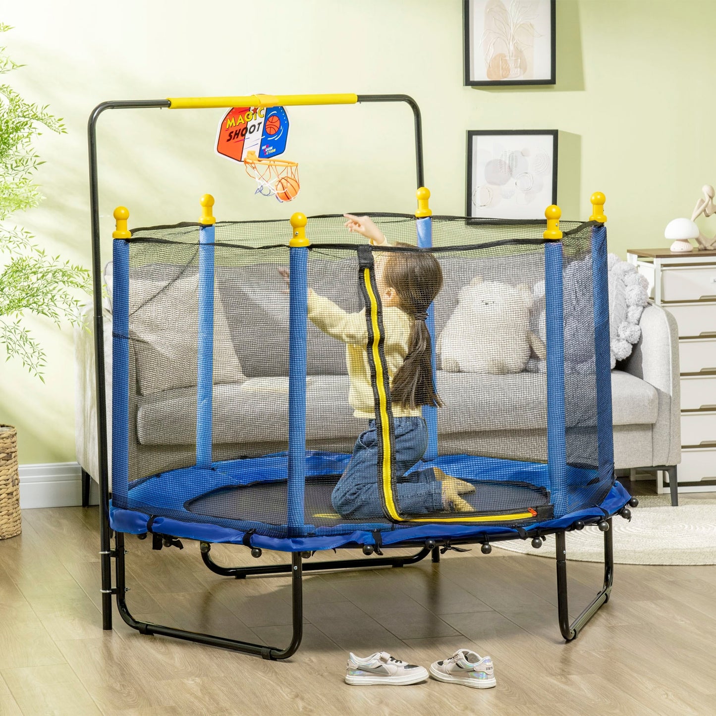 Qaba 4.6' Kids Trampoline with Basketball Hoop, Horizontal Bar, 55 Indoor Trampoline with Net