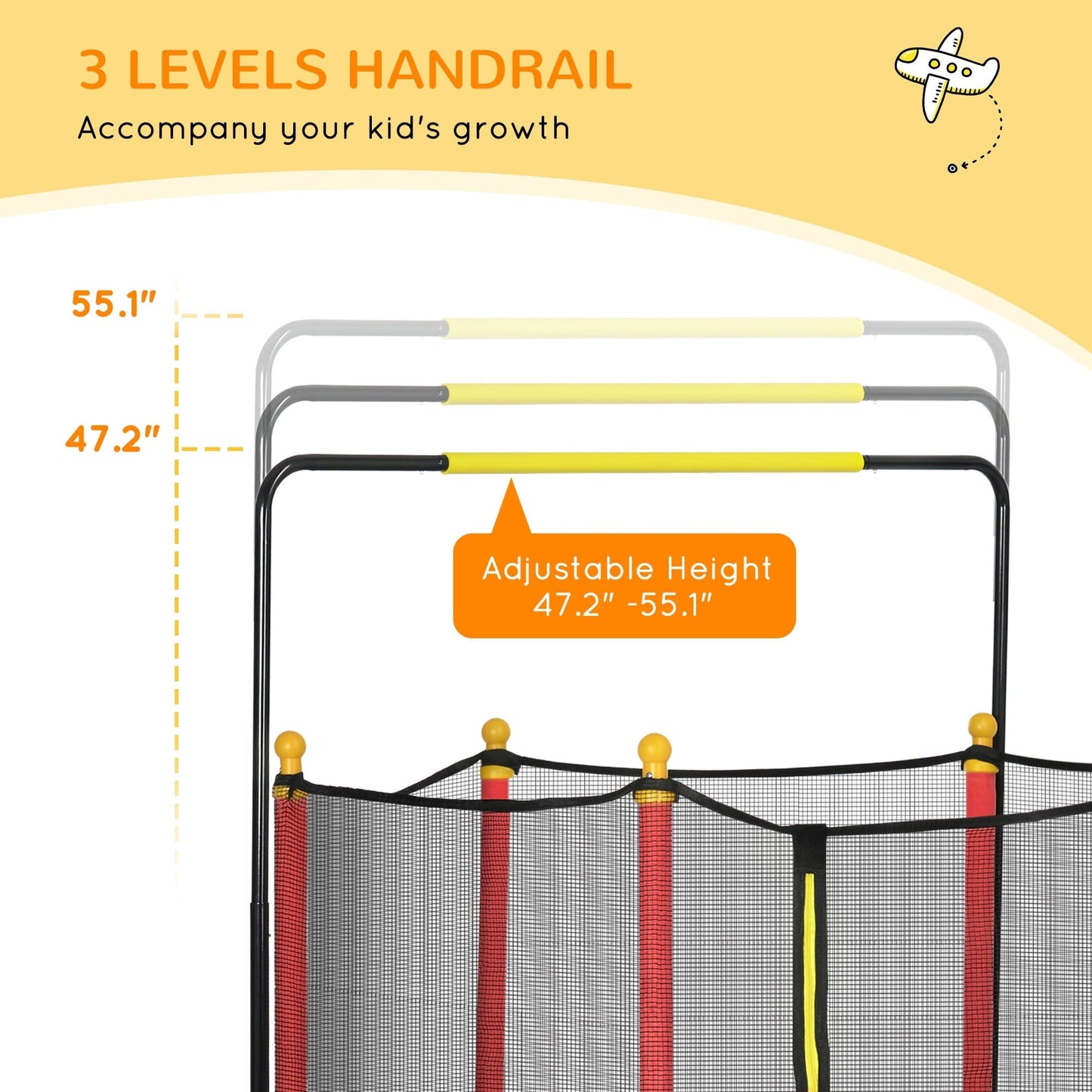 Qaba 4.6' Kids Trampoline with Basketball Hoop, Horizontal Bar, 55 Indoor Trampoline with Net