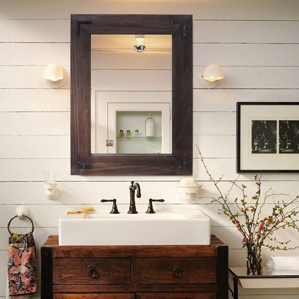 Rustic Wooden Framed Wall Mirror, Natural Wood Bathroom Vanity Mirror