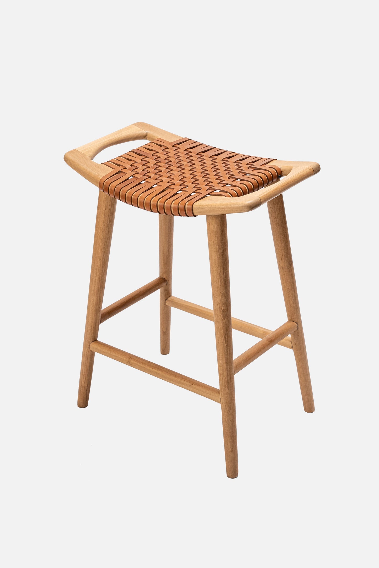 Sita Teak and Woven Leather Backless Counter Stool