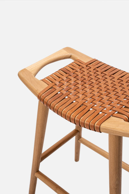 Sita Teak and Woven Leather Backless Counter Stool