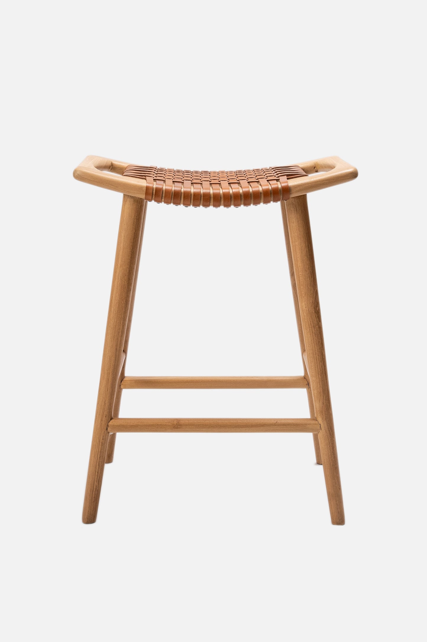 Sita Teak and Woven Leather Backless Counter Stool