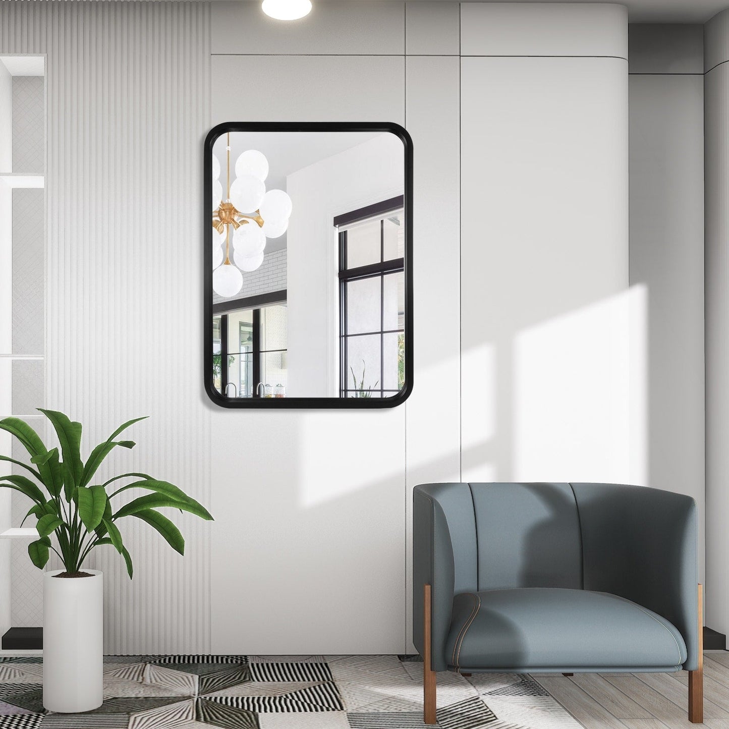 Round Corner Rectangle Farm Wall Mirror with Solid Wood Frame