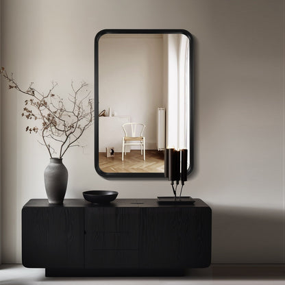 Round Corner Rectangle Farm Wall Mirror with Solid Wood Frame