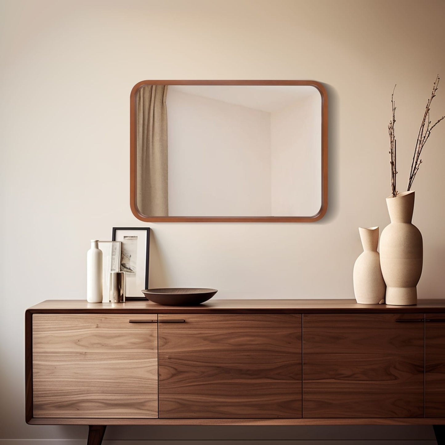 Round Corner Rectangle Farm Wall Mirror with Solid Wood Frame