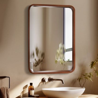 Round Corner Rectangle Farm Wall Mirror with Solid Wood Frame
