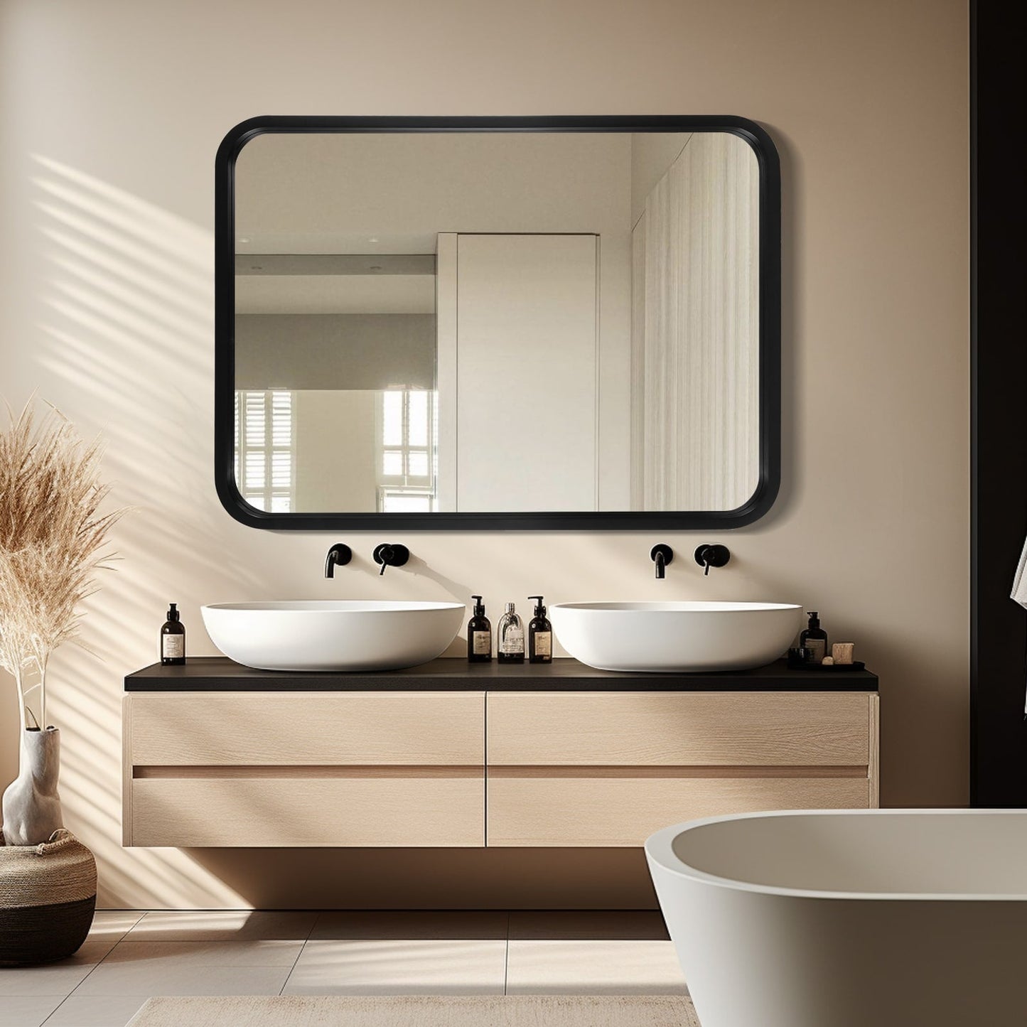 Round Corner Rectangle Farm Wall Mirror with Solid Wood Frame