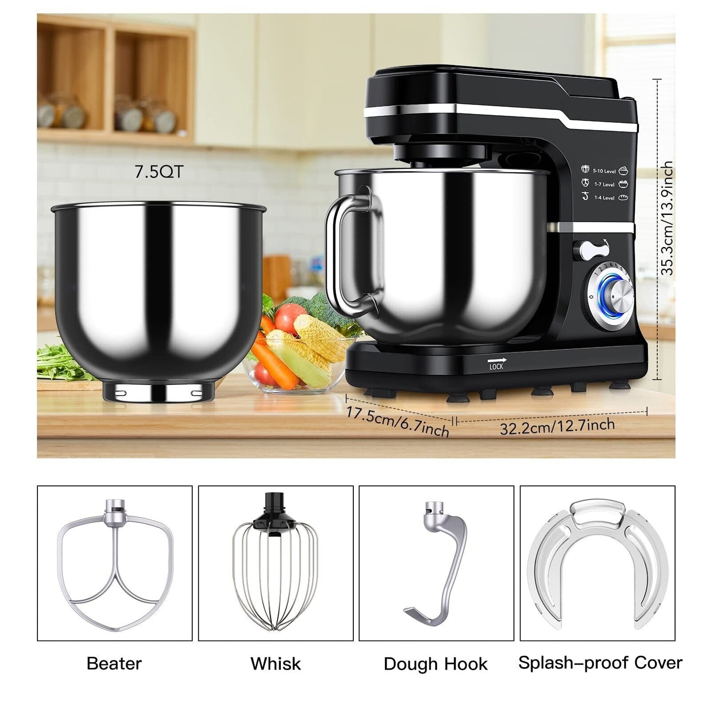 Stand Mixer - 7.5QT Capacity, 10-Speed Settings, 660W Motor