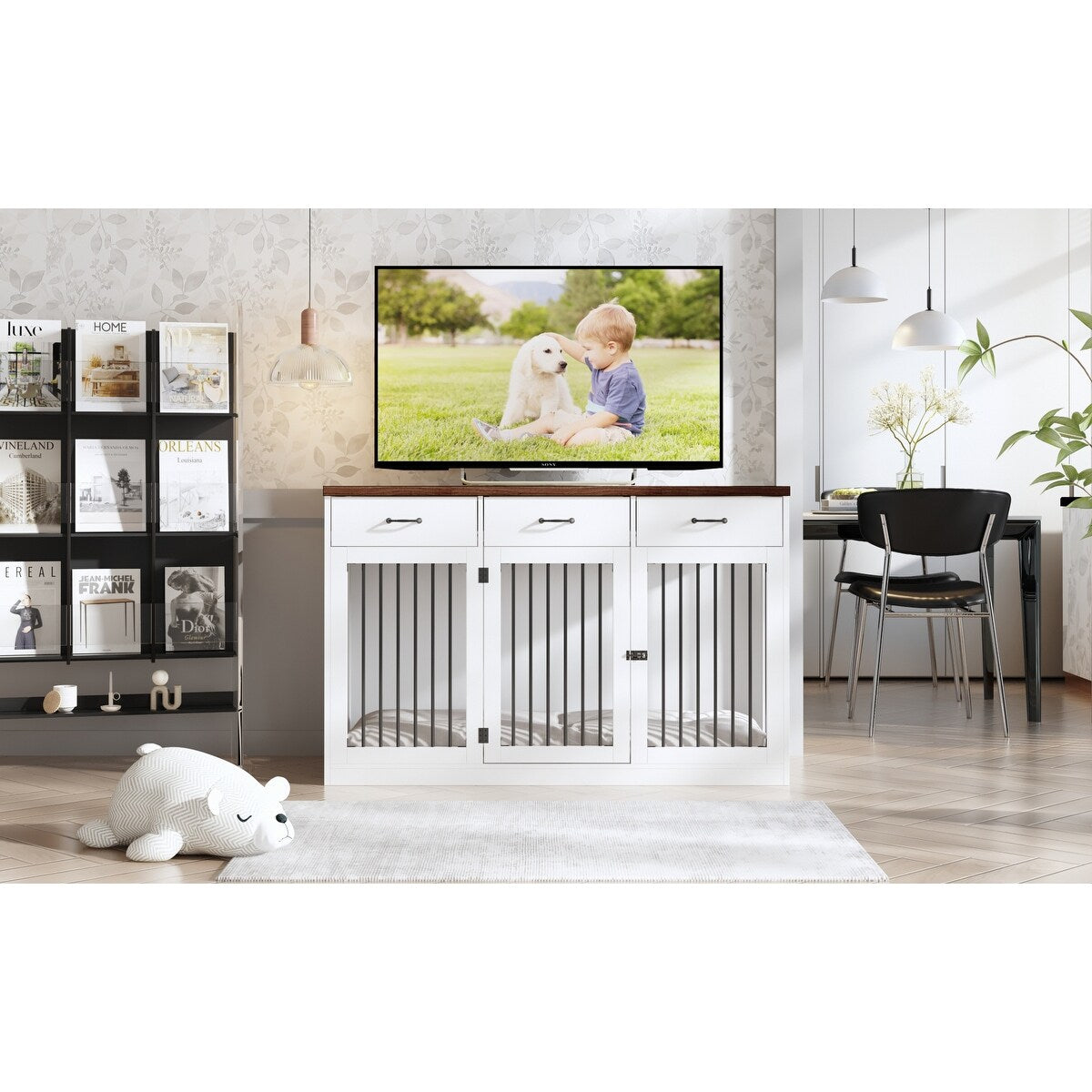 Stylish Wooden Dog Crate Furniture with Storage, 3 Drawers