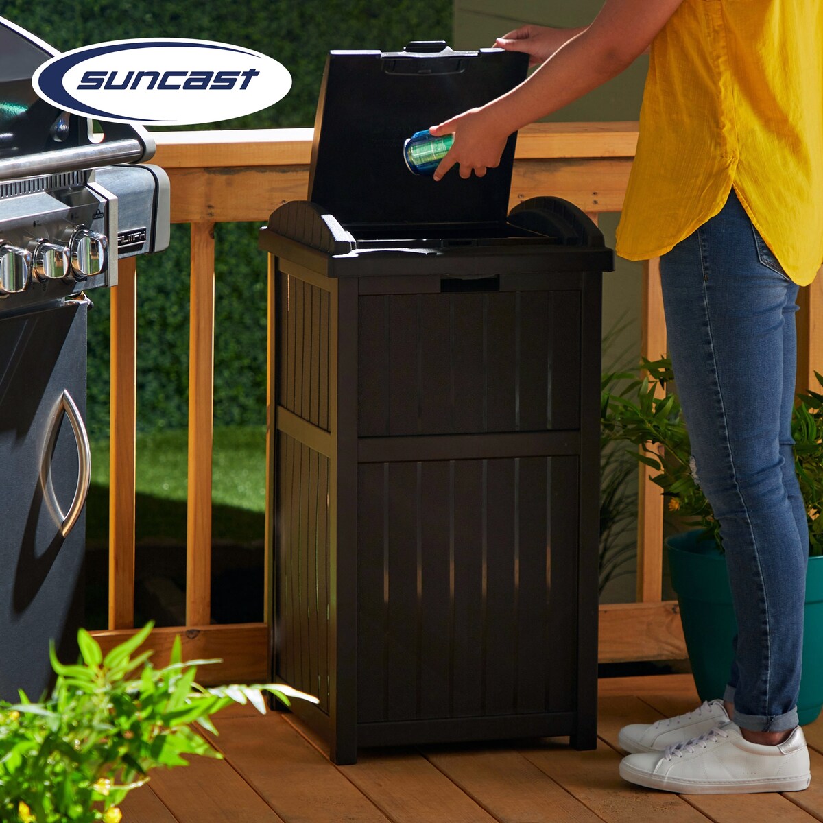 Suncast 30 Gallon Hideaway Trash Waste Bins for Outdoor, Cyberspace