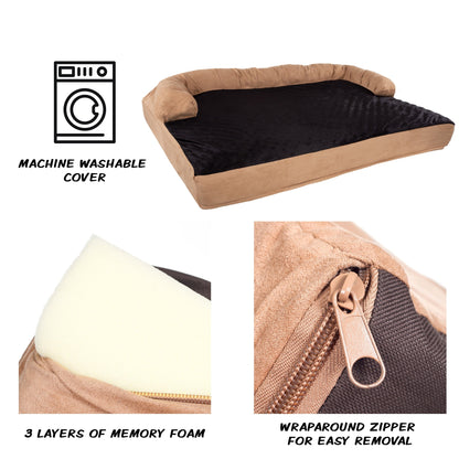 Tan/Black Pet Bed - 3-Layer Orthopedic Dog Sofa with Cooling Gel, Memory Foam and Neck Bolster