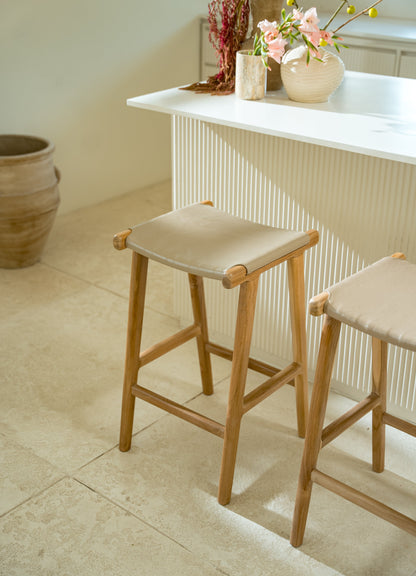 Malee Teak and Leather Backless Counter Stool