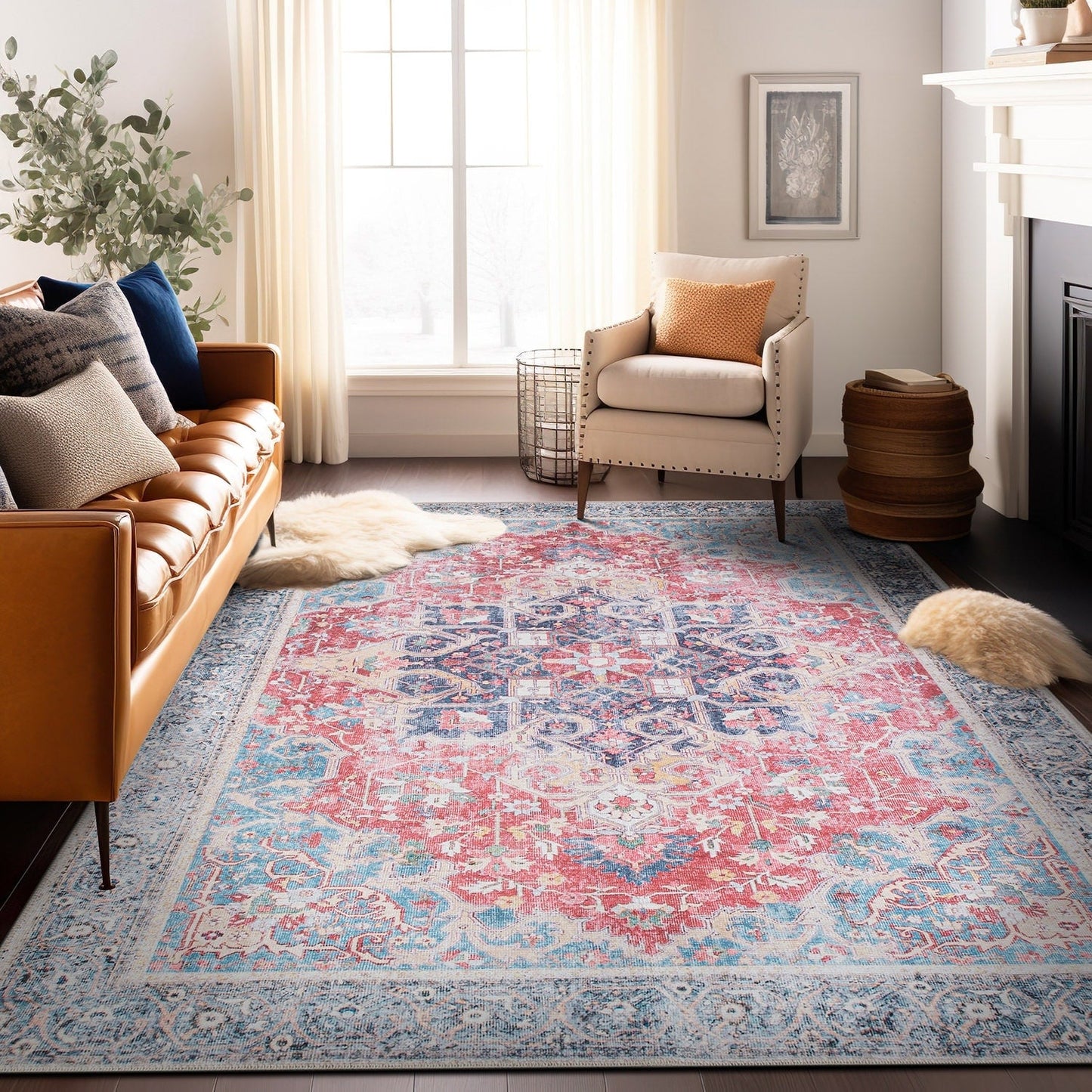 Traditional Distressed Vintage Machine Washbale Multi Area Rug