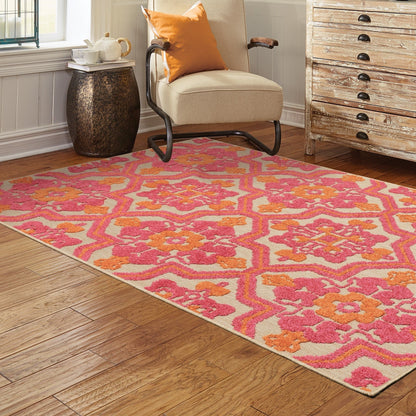 Vista Home Capri Mixed Pile Pink/Orange Floral Indoor- Outdoor Rug.