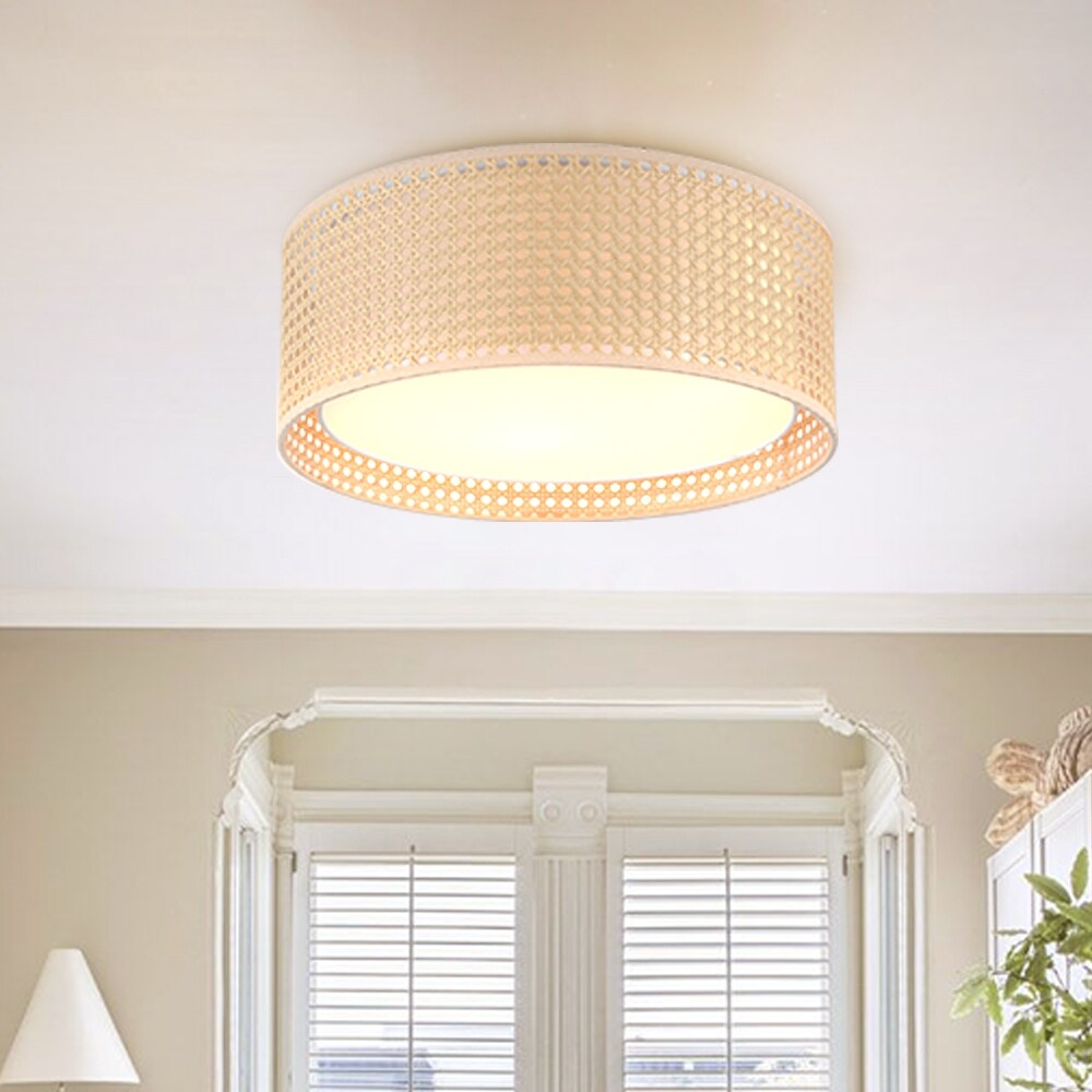 WINGBO Modern 3-Light Flush Mount Ceiling Light Fixture with Rattan & Fabric Double Drum Shade