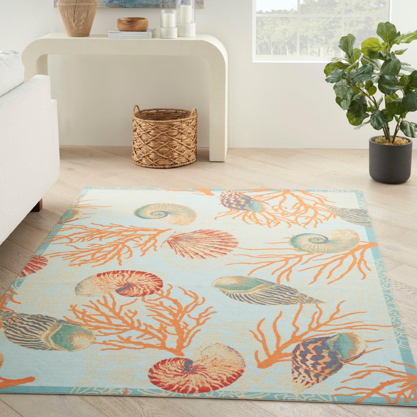 Waverly Sun & Shade Shore Thing Tropical Sea Shell Floral Indoor Outdoor Area Rug